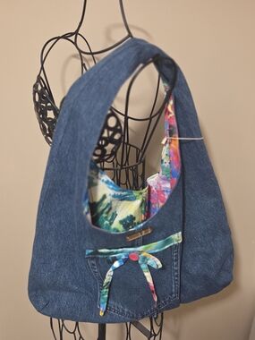 Denim Hobo Bag with Colorful Floral Lining
